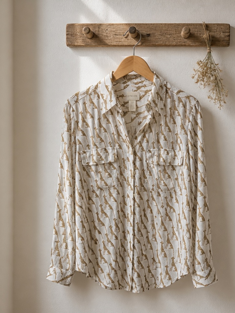 Chico's Cream Blouse with Brown Giraffe Print